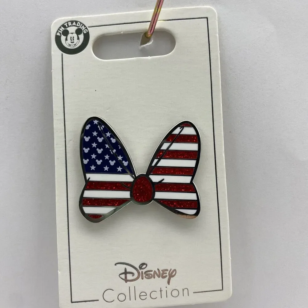 Disney Parks Pin Minnie Mouse Americana Glitter Bow USA Flag Trading Pin